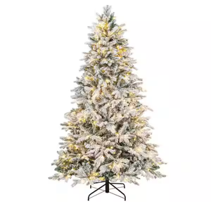 7 FT Pre-lit Artificial Christmas Tree, Snow-Flocked Xmas Tree with 300 Warm White LED Lights, 1096 Mixed Branch Tips, Pine Needles, Hinged Holiday Decoration Tree for Home Office Party