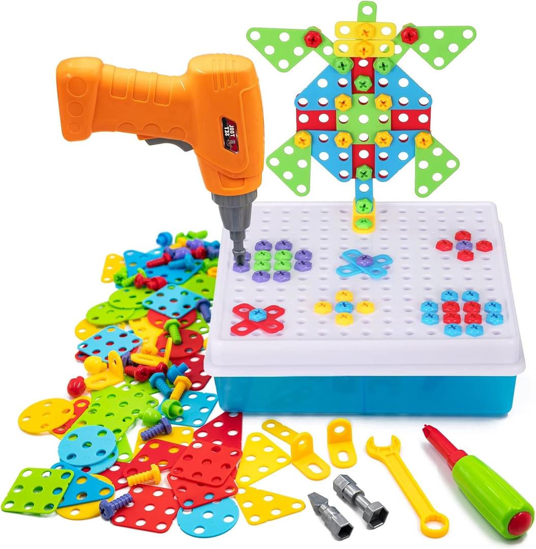 STEM Drill & Build Kit for Kids Ages 3-8 | Electric Toy Drill with 193+ Pieces (Screws, Nuts, Rainbow Fasteners) | Creative Design Construction Toys for Boys Girls | Gift for Birthdays, Christmas