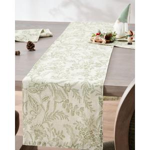 jinchan Spring Table Runner Linen Farmhouse Table Cloth Green Floral Decorative 72 Inch Botanic Printed Burlap Handcrafted Flax Coffee Table Decor 1 Panel Sage Green on Beige