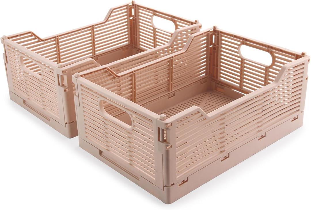 2-Pack Foldable Crates, Plastic Storage Baskets Crate for Organizing, Collapsible Storage Crates for Home Kitchen Classroom Office Bedroom Bathroom (15.75"x11.81"x6.1", Pink)