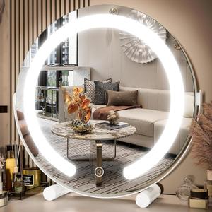 FENNIO Vanity Mirror with Lights, 13 inch COB LED Lighted Makeup Mirror, Round Makeup Mirror with Lights with 3-Color Lighting, 360 Rotation, Dimmable for Tabletop, Bedroom