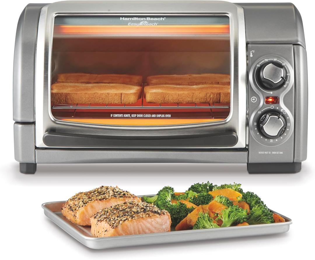 Hamilton Beach Easy Reach 4-Slice Countertop Toaster Oven With Roll-Top Door, 1200 Watts, Fits 9 Pizza, 3 Cooking Functions for Bake, Broil and Toast, Silver (31344DA)