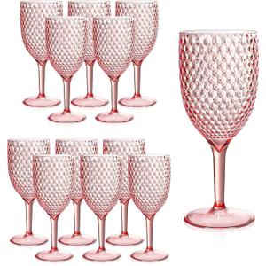 12Pcs Pink Plastic Wine Glasses 13.5oz Reusable Acrylic Wedding Goblets Toasting Glassware Unbreakable Wine Cups with Long Stem Crystal Drinking Glasses Champagne Flutes for Bar Restaurants Party