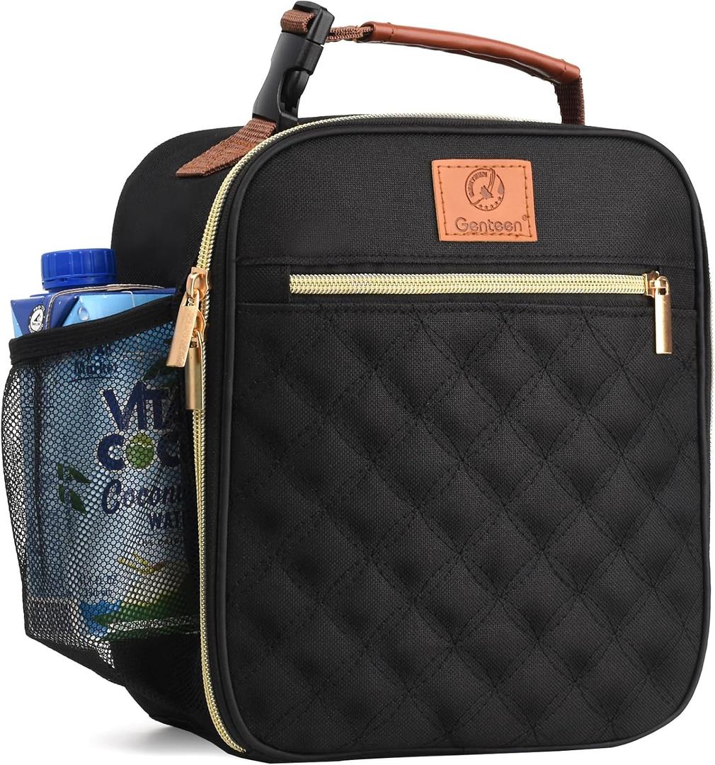 Genteen Kids Lunch Box Insulated Soft Mini Cooler with Bottle Holder, Lightweight Reusable Easy-Clean Lunch bag for Girls, Boys Back to School-Black