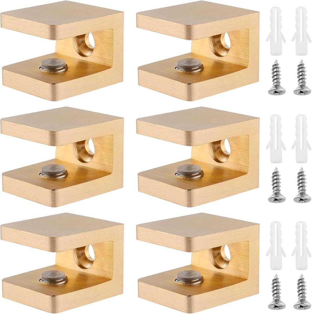 KEILEOHO 6 PCS U-Clamp Shower Support, Clamp Holder for 5/16-3/8 inch Shelves, Brass Mirror Mounting Clips, Gold Shelf Brackets