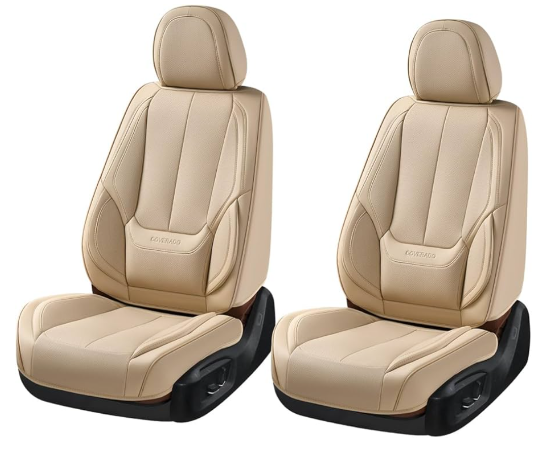 Coverado Car Seat Covers Full Set, Car Seat Protector Waterproof, Nappa Leather Car Seat Cushion, Beige Seat Covers for Cars, Front Seats and Back Universal Fit for Most Cars