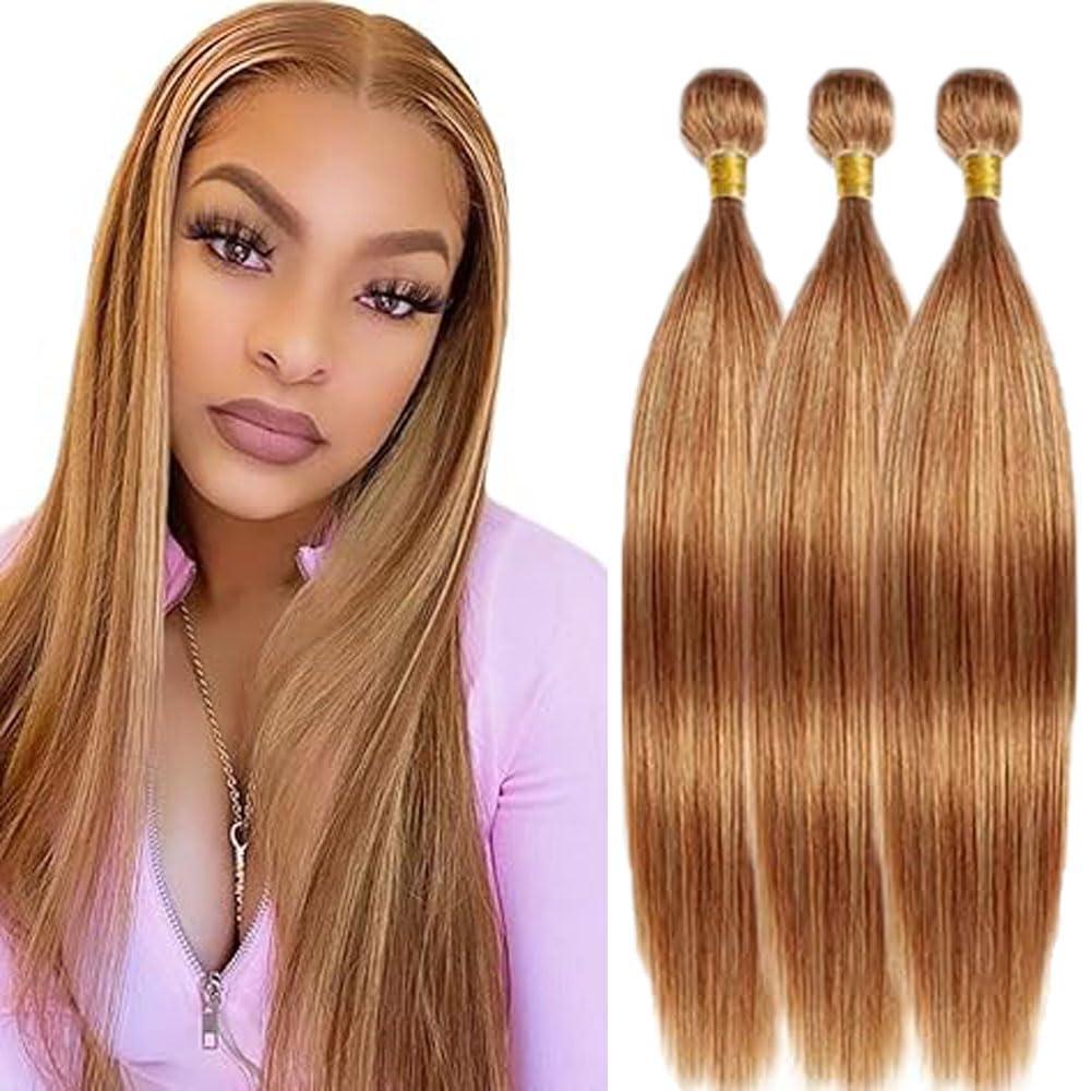 P27/30 Human Hair Bundles Blonde 18 20 22 Inch Color 27/30 Highlight Brown Bundle Human Hair Extension Straight 300G Total 12A Unprocessed Soft Sewn In Double Weft for Black Woman