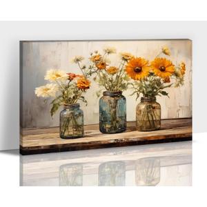 Hzddty Farmhouse Bathroom Wall Decor - Rustic Floral Wall Art, Flower Painting Picture Artwork for Walls, Country Canvas Print for Bedroom Living Room Office Wall Decor 18x24 Inches