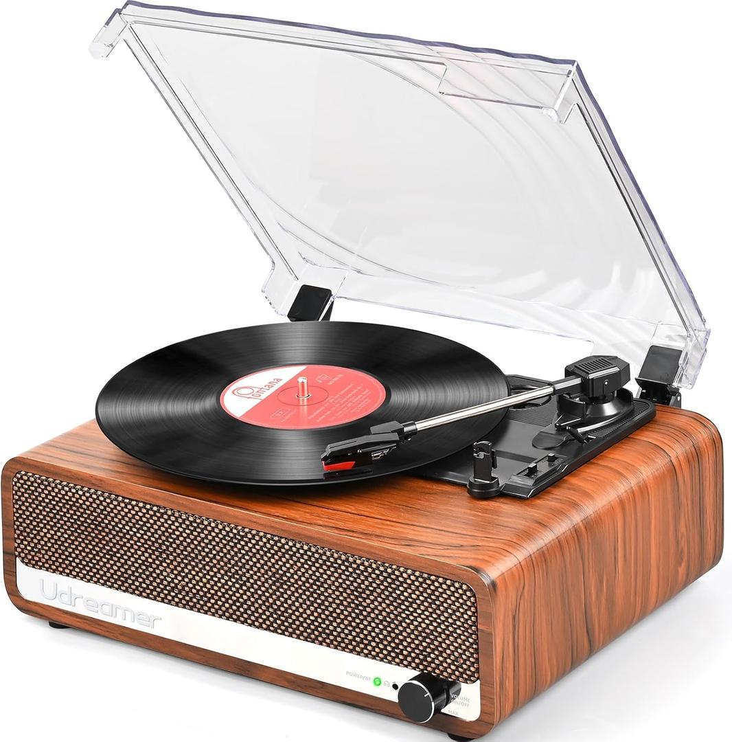 Vinyl Record Player with Speakers,3 Speed Turntable with Latest Bluetooth 5.3, Aux Input, Headphone Jack, RCA Output and Auto Stop, Mirror Vintage Wooden Brown