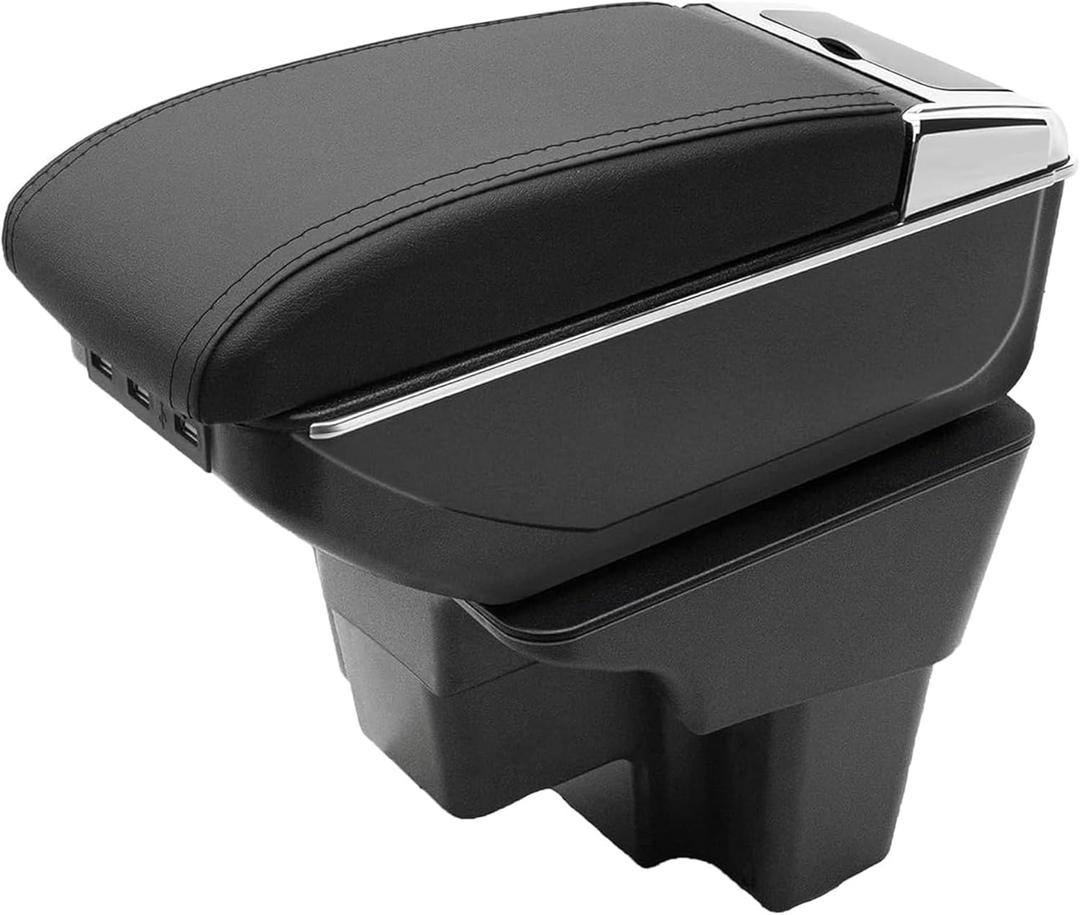 Car Armrest Box for KIA Rio 2018-2023 Automotive Accessories 7 USB Ports Double-Layer Leather Armrest Organizer Storage Box Center Console with Cup Holder (Black Thread)