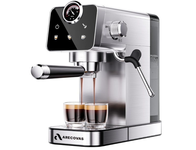 Arecovas Espresso Machine with Milk Frother, 20 Bar Compact Coffee Machine with Touch Screen & 41oz Water Tank for Home Use, Stainless Steel Espresso Coffee Maker for Americano, Cappuccino, Latte