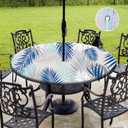 Round Outdoor Tablecloth with Umbrella Hole,Picnic Fitted Elastic Tablecloth with Zipper, Waterproof Patio Table Covers,Camping Zippered Tablecloth for Picnic, Camping, Dinner,Fit 45"-54"(Blue Grey)