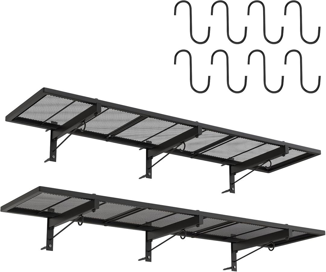 2 Pack Garage Wall Shelf, Heavy Duty Garage Shelving, 46"X 12.5" Wall Mounted Floating Shelves, Metal Hanging Storage Rack with 8 Hooks, Utility Organizer Max Load 320 LBS for Laundry Room, Workshop
