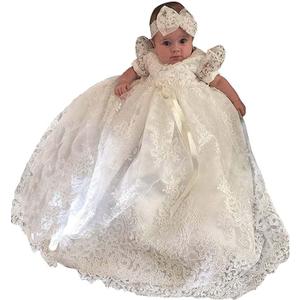 Pretty headband lace long Christening Baptism Dress for baby girl (6M, White)