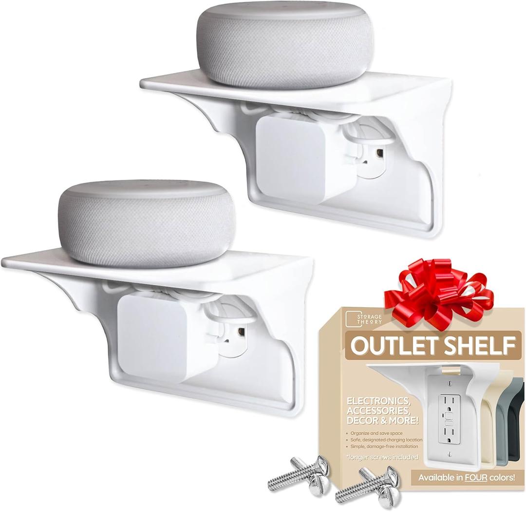 Storage Theory Power Perch - Wall Outlet Shelf Transforms Horizontal Electrical Outlet into a Space-Saving Display! Ideal for Alexa, Electric Toothbrush & More  Socket Shelf (White, 2 Pack) (2 Pack, White)