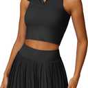 Women 2 Piece Tennis Dress High Waisted Pleated Skirt Sets Seamless Golf Outfits Sleeveless Racerback Padded Crop Top (Black)