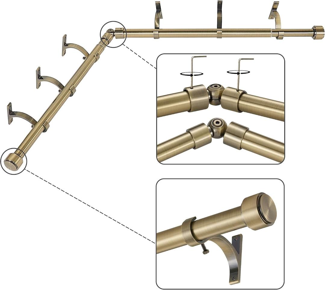 Antique Bronze Corner Window Curtain Rods with Aluminum End Cap Finials and Brackets,1 Inch Diameter Bay Window Curtain Rods,2 Sided 36-72 Inch Adjustable Drapery Rod