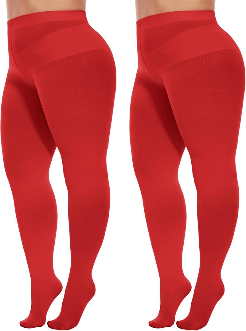 Citystl 2 Pairs Plus Size Tights for Women, 80D Opaque Black Tights, Solid Color Soft Microfiber (5X-Large-6X-Large Plus, Red)