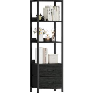 Furnulem 4-Tier Corner Shelf, Bookshelf with 2 Storage Drawers, 57.28Tall Narrow Bookcase, Standing Shelf Organizer Unit for Living Room, Bedroom, Metal Frame, Wood Display Shelf