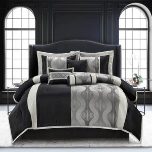 Elegant Black and Silver Comforter Set King Size, 7 Pieces Bedding & Collection, Jacquard All Season Comforter & Pillows, Ultra-Soft Microfiber