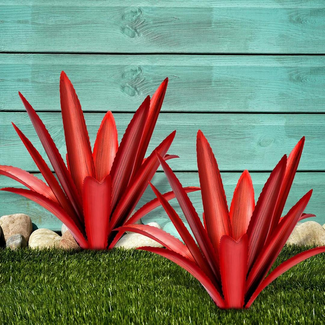 Large Tequila Rustic Sculpture, Rustic Metal Agave Plants for Outdoor Patio Yard Mexican Plant Garden Agave Outdoor Lawn Ornaments Yard Stakes (Red 2pc) (12 Leaves Red 2 Pcs)