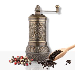 Handmade Decorative Black Pepper Grinder, Refillable Turkish Spice Mill Manual Pepper Mill with Handle, Spice Grinder Metal with Hand Crank 11 cm-4.3 inch (Mat Gold)