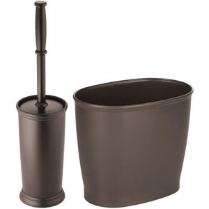 mDesign Modern Compact Freestanding Plastic Toilet Bowl Brush and Oval Wastebasket Garbage Can Combo for Bathroom Storage - Sturdy, Deep Cleaning - Hyde Collection - Set of 2 - Dark Brown