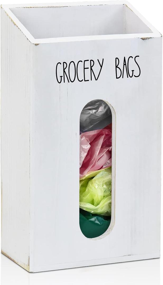 Farmhouse Grocery Bag Holder for Kitchen, Wooden Plastic Bags Holder for Supermarket shopping carrier Recycle, Wall Mounted Garbage Bag Dispenser with Extra-Wide & Easy-Access Openings, White