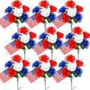 9 Pcs Patriotic Artificial Flowers Red White Blue Silk Roses with American Flags 4th of July Independence Day Decorations 250th Anniversary Party Centerpieces for Vase(Roses)