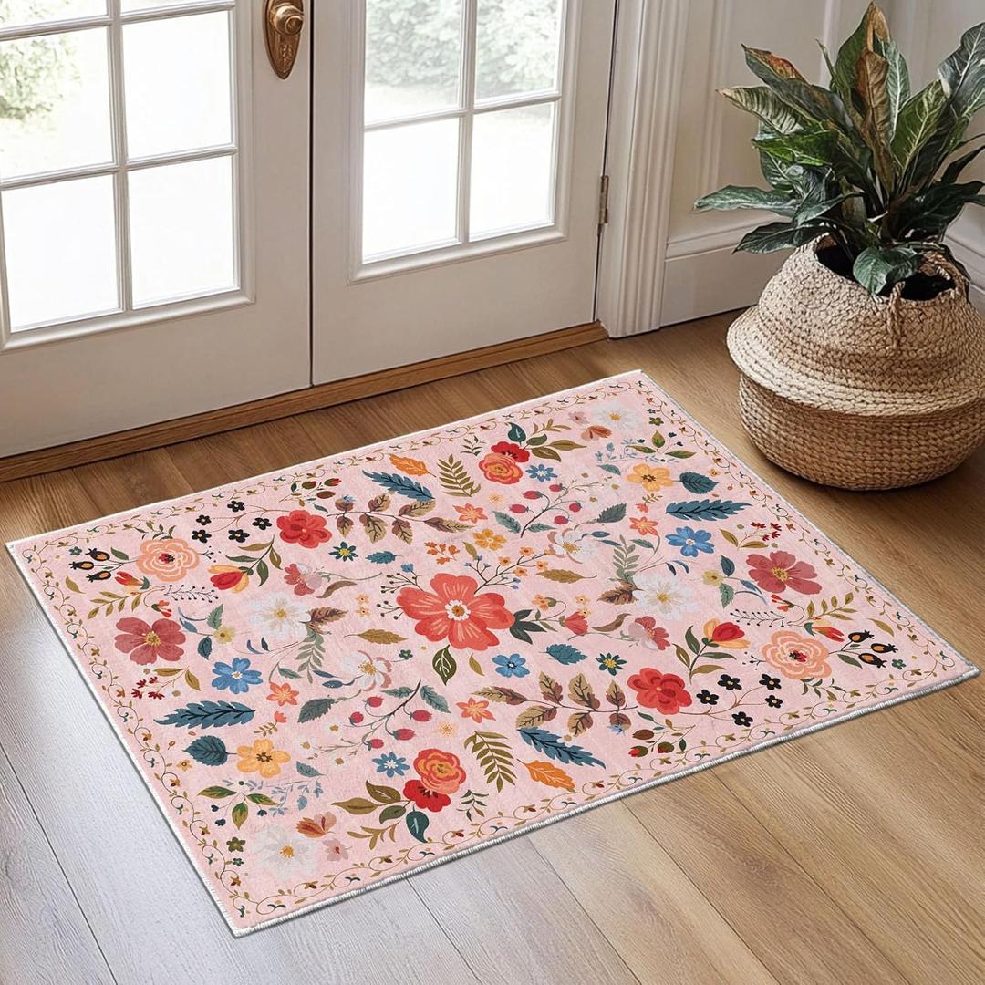 Entryway Rug Door Mat Indoor Entrance 2x3 Rug Non Slip Machine Washable Area Rugs Small Pink Boho Floral Front Door Entry Rug Mat Low Pile Carpet Throw Rugs for Entryway Bedroom Kitchen