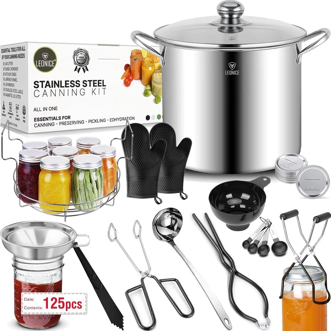 Canning Supplies Starter Kit - Water Bath Canning Pot with Rack,Stainless Steel Canner Kit Set Tools: 2pcs Funnels,3 in 1 Lid Lifter,Ladle,Tongs,Silicon Gloves & Accessories Equipment for Beginner, 20.5QT