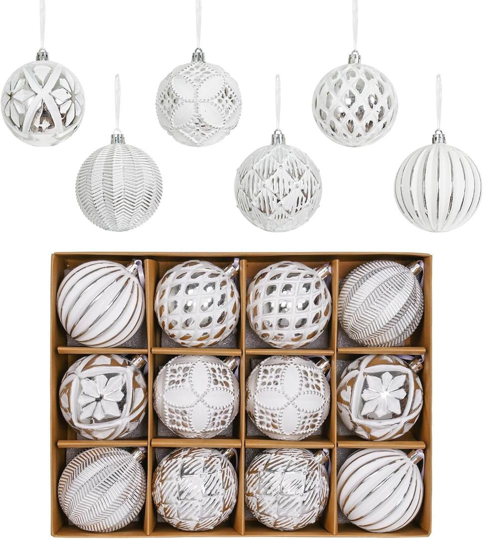 XmasExp Vintage Rustic Christmas Ball Ornaments Sets Farmhouse Distressed Christmas Tree Decorations Shatterproof Antique Traditional Style Xmas Hanging Ornaments Silver White, 12Pcs