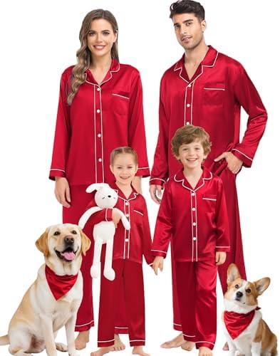 SWOMOG Family Matching Pajama Set Silky Satin Pajamas Long Sleeve Sleepwear Button Down Loungewear 2 Pcs Pj Set XL