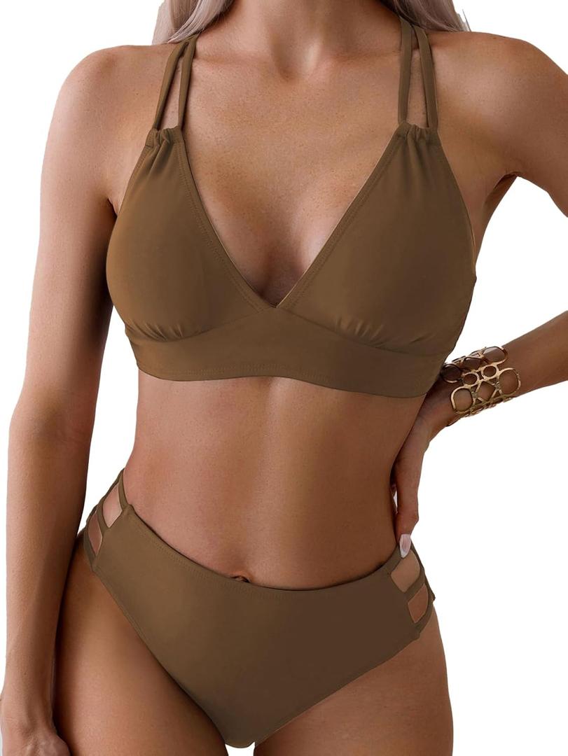 Fanuerg Women's Sexy V Neck Bikini Sets Hollow Out Two Piece Swimsuits Cutout Mid Waist Bathing Suit (Large, Brown)
