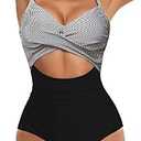 Eomenie Women's One Piece Swimsuits Tummy Control Cutout High Waisted Bathing Suit Wrap Tie Back 1 Piece Swimsuit Black Striped medium