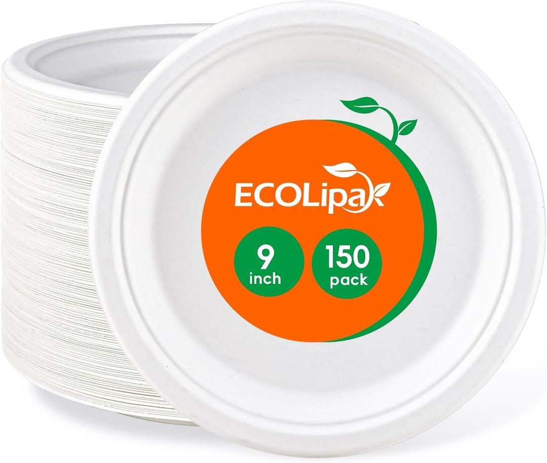 ECOLipak 9 inch 150 Pack Compostable Paper Plates, Heavy Duty Disposable Biodegradable Eco-friendly Sugarcane Bagasse Plates for Party Dinner (White)