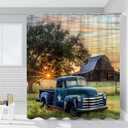 Vintage Blue Truck Shower Curtain Rustic Log Cabin Barn Old Car Sunset Scenic Tree Farmhouse Retro Country Landscape Bathroom Decor Polyester with Hooks 70 x 70 in