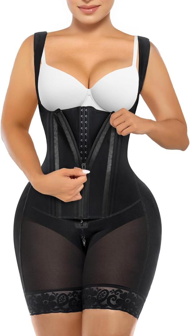 SHAPERX Fajas Colombianas Shapewear for Women Tummy Control Body Shaper Postpartum Hip Enhancer with Zipper and Hooks (Large, Black)