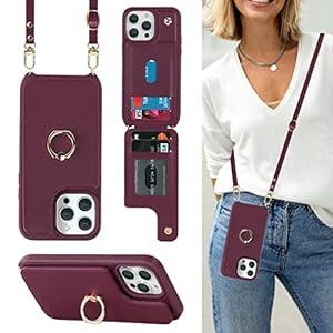Lipvina For iPhone 13 Case with Card Holder for Women, iPhone 13 Phone Case with Strap, Crossbody Lanyard, Ring Stand, Snap Clasp, Cute Wallet Cases for iPhone 13 6.1 inch(Wine Red)