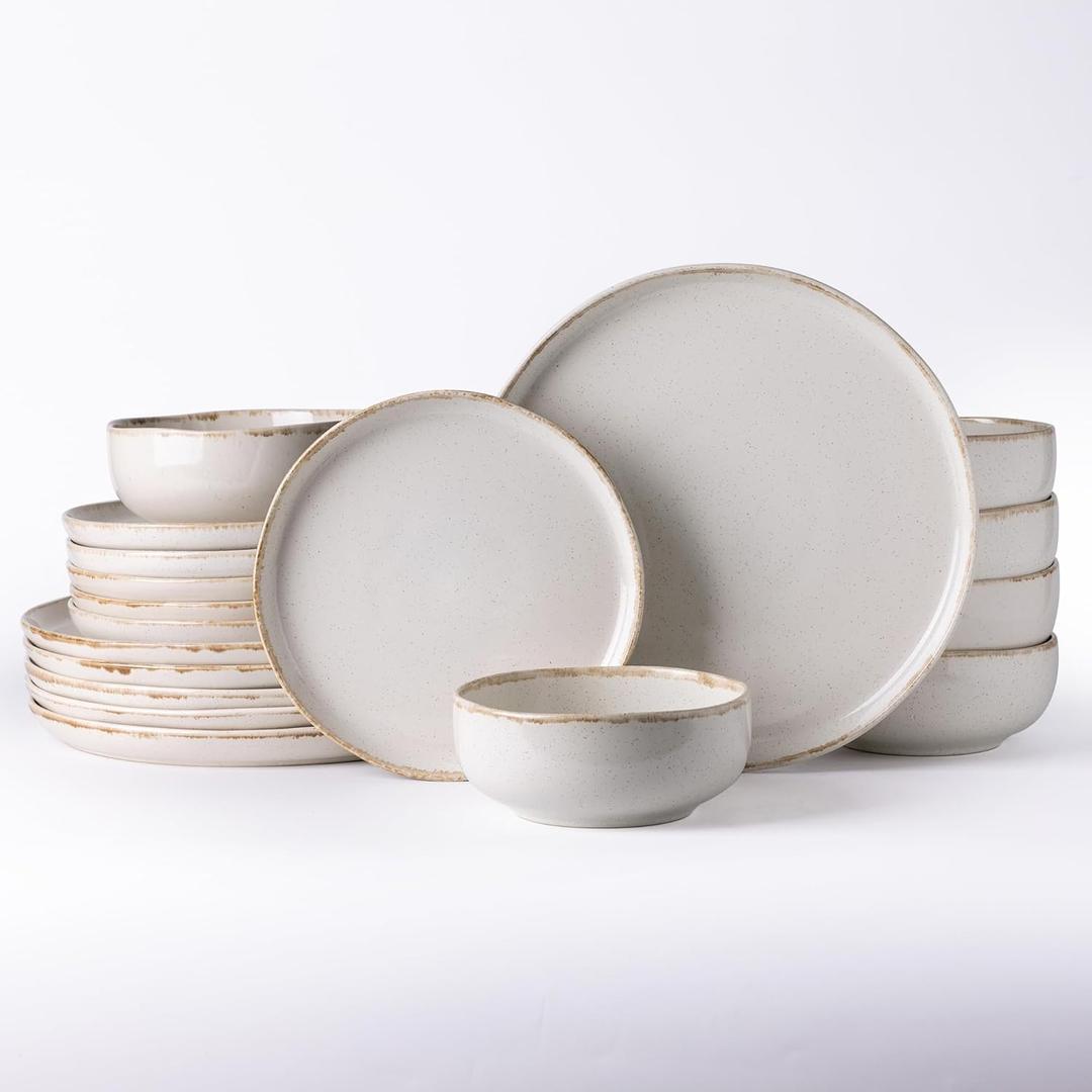 AmorArc Ceramic Dinnerware Sets, Wavy Rim Stoneware Plates and Bowls Sets, Highly Chip and Crack Resistant | Dishwasher & Microwave Dishes set, Service for 8 (24pc)-Speckled Cappuccino