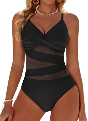 Dridreo Women's Sexy Mesh Tummy Control Swimsuits V Neck Push Up One Piece Bathing Suits Slimming Swimwear, S