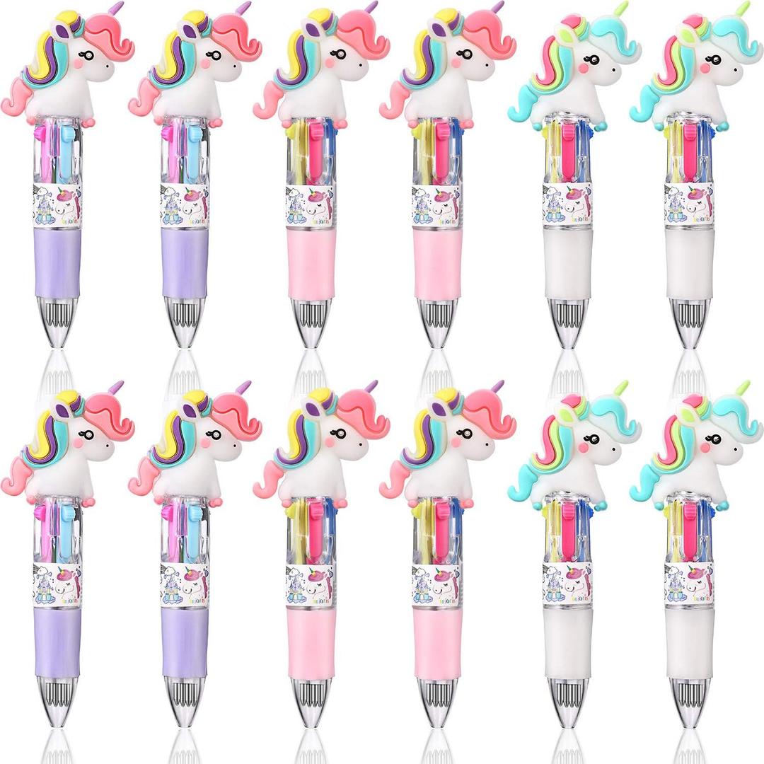 Chinco 12 Pieces Retractable Unicorn Pens 4-in-1 Multicolor Ballpoint Pen Unicorn Candy Party Favor Colored Ink Mini Party Favors for Girls Kids Classroom Prizes Birthday Gifts(Curly Hair Unicorn)