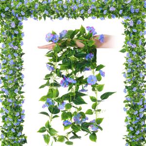 Hotop 6 Pcs 7.55 Ft Artificial Morning Silk Glory Vines for Outdoor Fake Hanging Flowers Plants Faux Silk Morning Glory Flower Garland Long Vines for Wall Fence Indoor Wedding Banquet Decor(Blue)