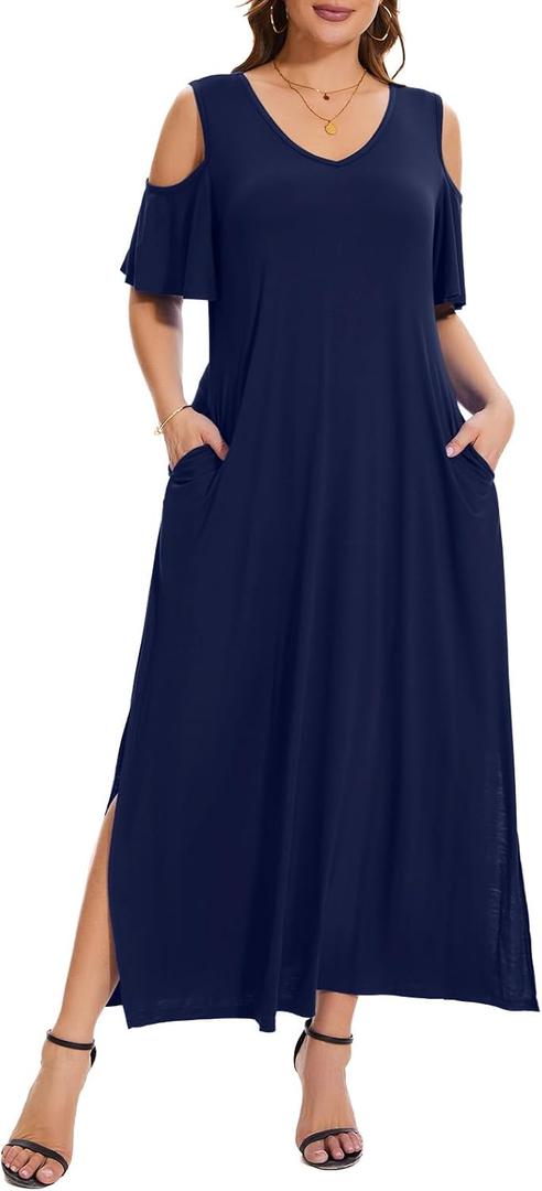 Plus Size Dresses for Women Summer V Neck Cold Shoulder Short Sleeve Split Long Beach Dresses with Pockets 2XL