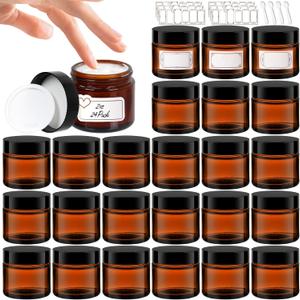2 oz Amber Glass Jars with Lids 17Pack, Small Jars with Inner Liners for Sample, Powder, Cream, Lotion and Ointments with Stickers & Spatulas Included