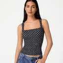 QINSEN Women's Double Layer Tank Tops Square Neck Sleeveless Basic Tight T Shirts, Black Polka Dots (S)