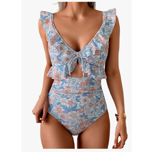 Eomenie One Piece Swimsuit for Women Tummy Control Ruffle Bathing Suit V Neck Ruched Swim Suit Slimming Cutout Swimwear, Size -2XL