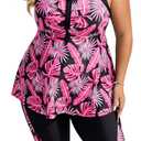 Hanna Nikole Women's Plus Size Tankini Swimsuits Two Piece Bathing Suit Flowy Rash Guard Swimwear with Capris Shorts 28 Plus Rose Pink Leaves