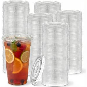 200 Clear Flat Lids Plastic Disposable PET Cup Lids with Straw Slot Fits Fits 16 oz, 20 oz, 24 oz Cups for Cold Brew, Coffee, Beer, Ice Cream, Party Supplies