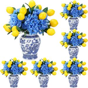 Giegxin 6pcs Amalfi Coast Party Decorations Capri Theme Table Centerpieces Mediterranean Decor 28.3" Artificial Blue Hydrangea and Lemon Branches Set for Wedding Capri Italian Themed Party Decor